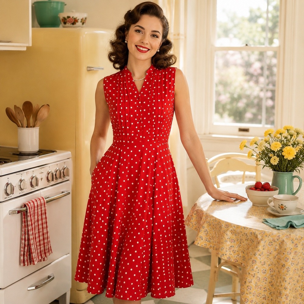 Nanette‎ Lepore Red Polka Dot Dress Size 6 Retro Vintage Style Midi